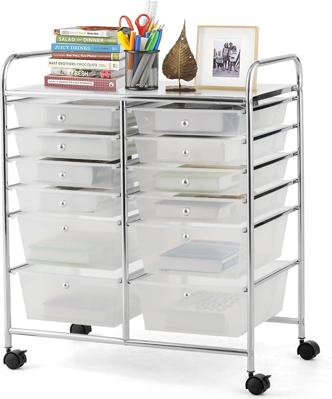 DREAMADE Rolling Cart with Storage Drawers, Utility Cart with Removable Plastic Drawers, Lockable Wheels, Art Cart for Classroom Organization Art Supplies Office Scrapbook (12 Drawers, Transparent)