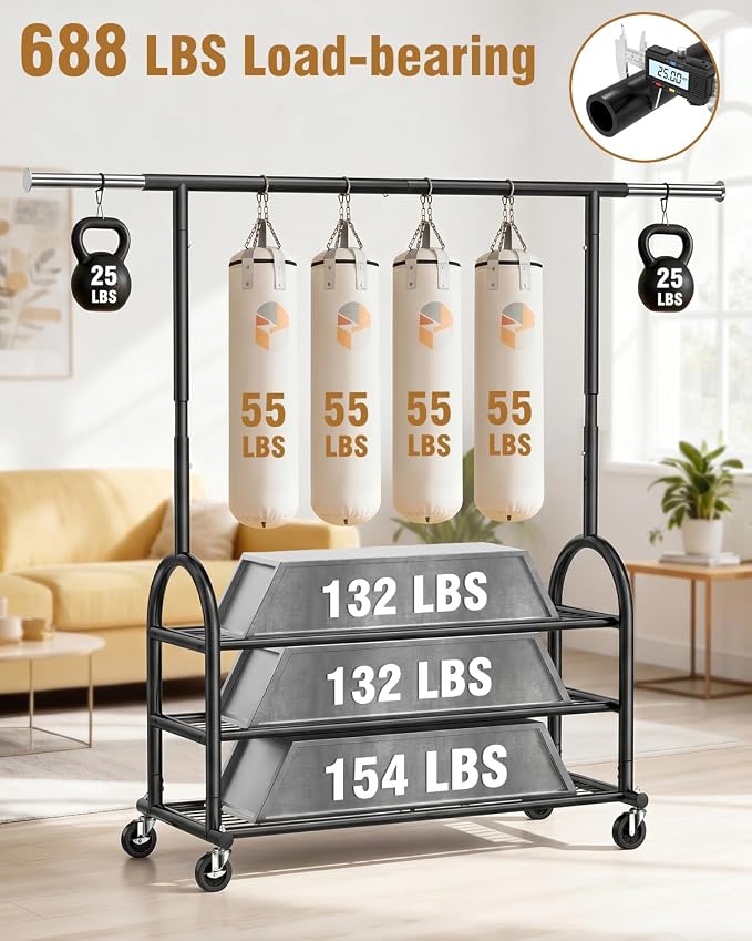 EAGMAK Heavy Duty Clothes Rack for Hanging Clothes Load 688 LBS, Height Adjustable Rolling Clothing Racks, Portable Metal Coat Rack Garment Wardrobe with Wheels and 3 Shelves for Bedroom, Black
