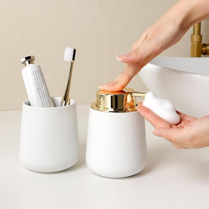 Bosilunlife Ceramic Bathroom Soap Dispenser - 12Oz Bathroom Countertop Kitchen Dish Soap Pump Dispenser Liquid Soap Dispenser - Matte White with Gold