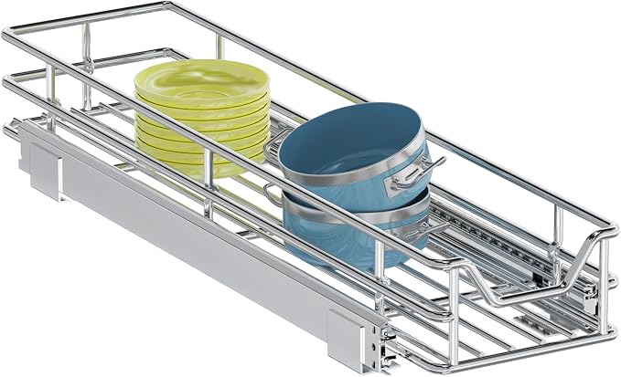 Pull Out Cabinet Organizer, 5.5" W x 21.5" D, Heavy Duty Chrome Slide Out Shelf for Narrow Base Cabinets, Sliding Wire Basket Drawer for Spices, Bottles, Snacks & Cleaning Supplies