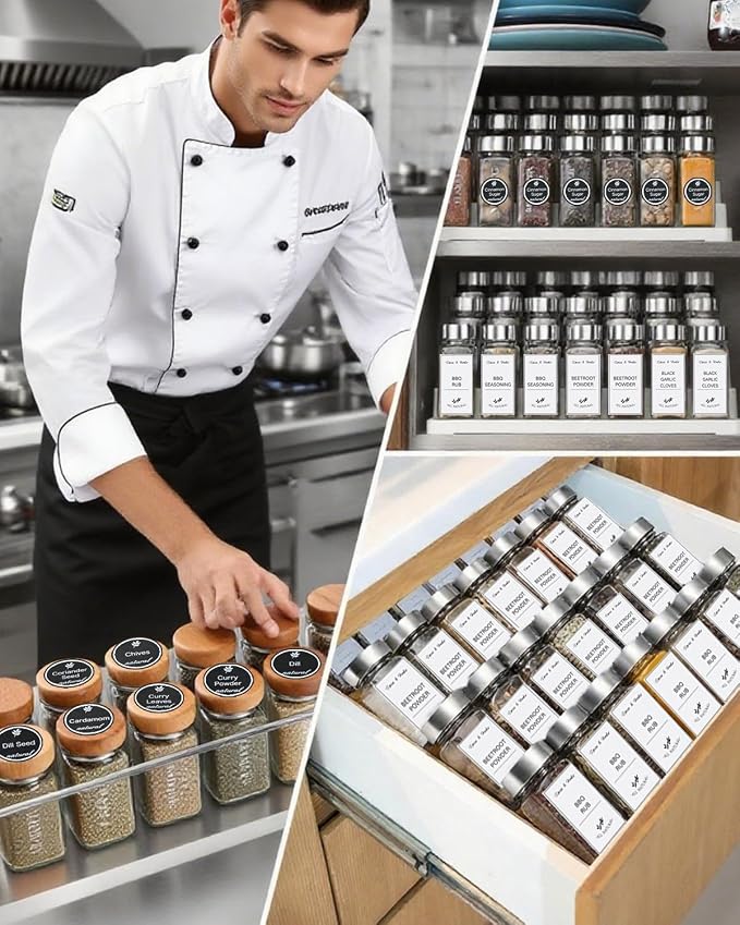388 Pcs Spice Jar Labels Set- Stickers Waterproof Preprinted Pantry Labels with Blank Label, Black & White Stickers for Kitchen Jars Food Containers Spice Organizers Storage Bins
