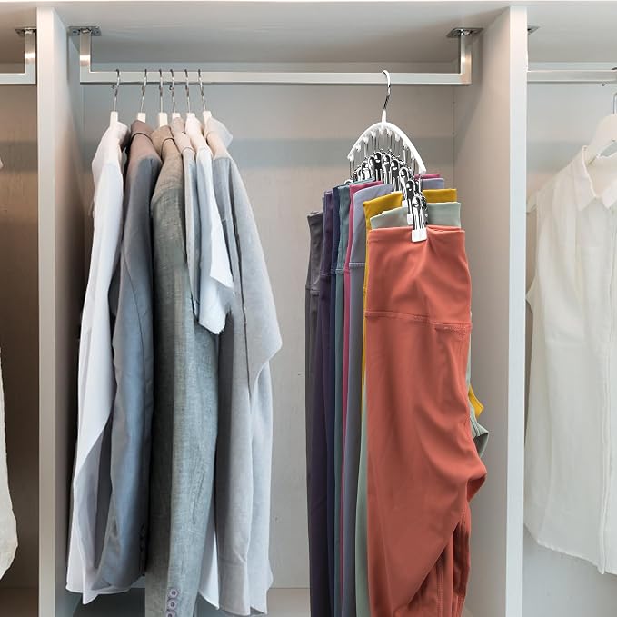 Legging Organizer for Closet, Metal Yoga Pants Hanger w/Rubber Coated 1 Pack w/10 Clips Hold 10 Leggings, Hangers Space Saving Hanging Closet Organizer for Closet Organizers and Storage-White