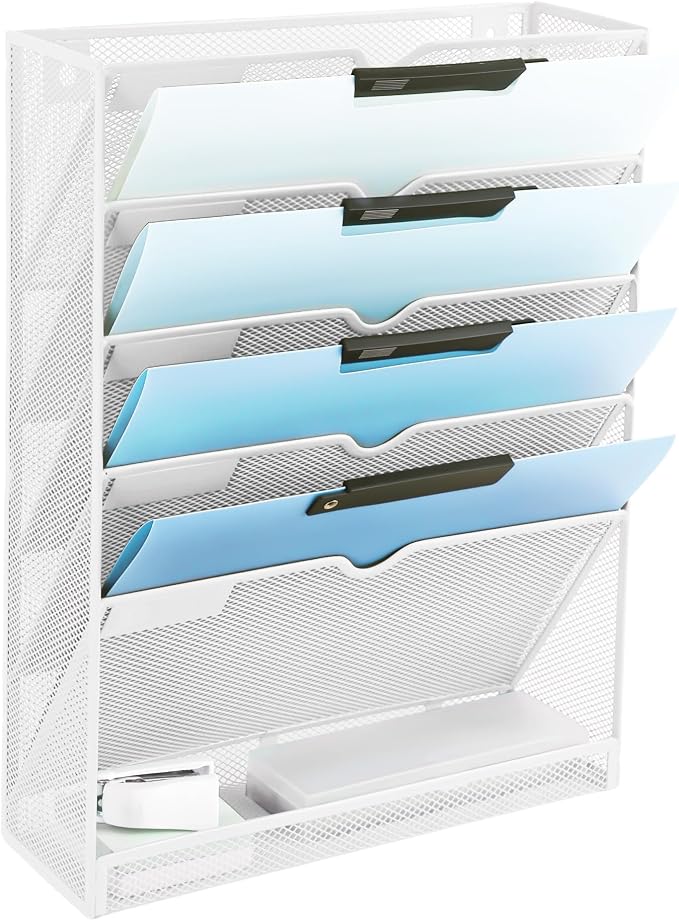EASEPRES 6 Tier Mesh Hanging Wall File Organizer, Desk Vertical Mail Paper Document Folder Holder Rack with Bottom Tray and Nametag Label for Office Home School, White