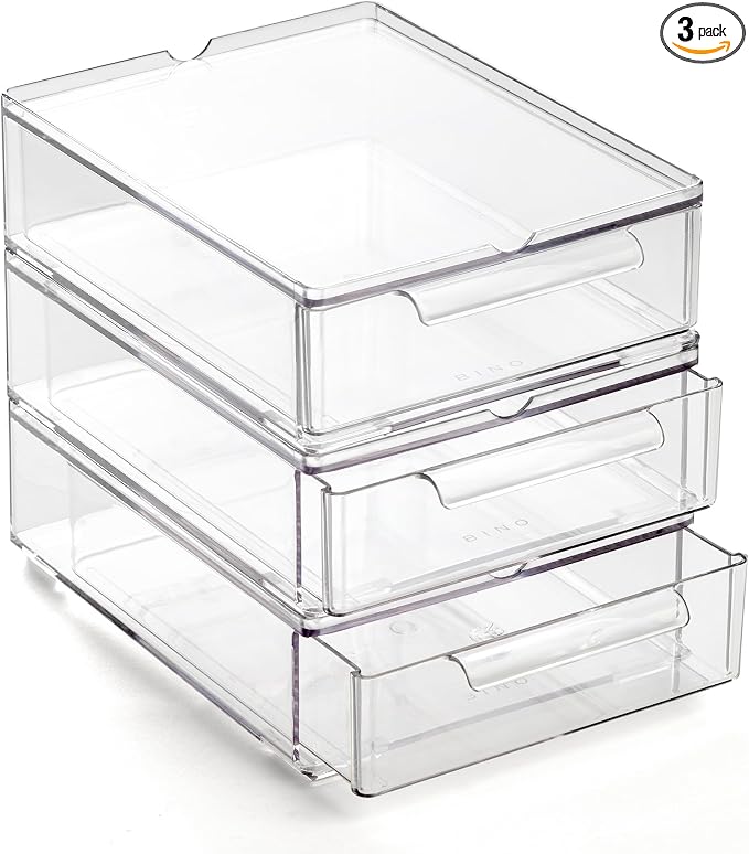 BINO | Clear Stackable Storage Drawers, Small - 3 Pack | Clear Storage Drawers with Built-In Handles | Durable Plastic Organizer Drawer | Modular Stackable Drawer Acrylic Organizer