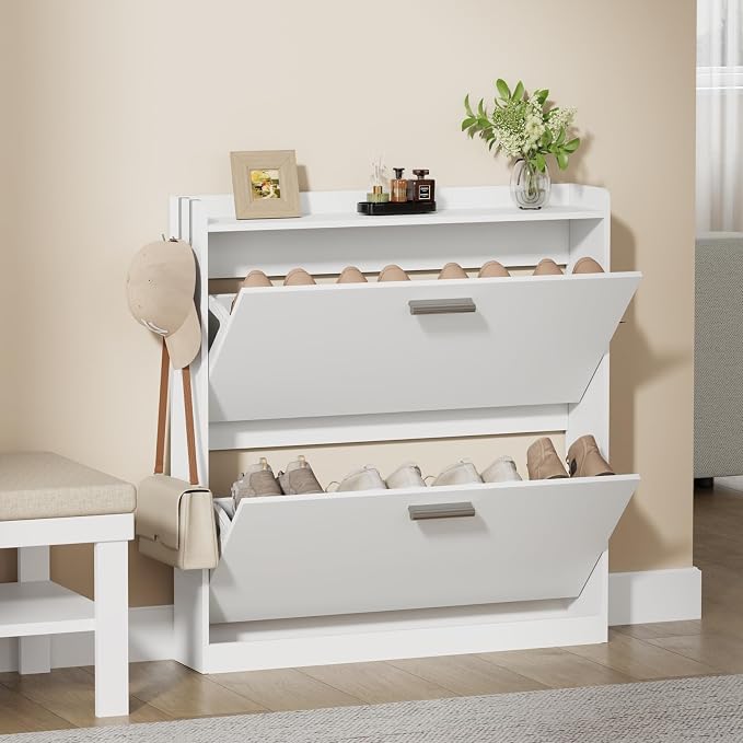 Shoe Cabinet Organizer with 2 Flip Drawers, Freestanding Shoe Rack Cabinet, 31.5" W × 6.3" D × 33.1" H Narrow Shoe Cabinet Storage for Entryway, Foyer, Hallway, White