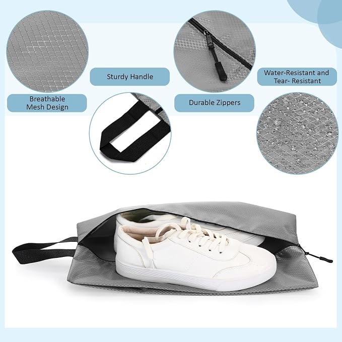 6 Pcs Travel Shoe Bags with Zipper Nylon Portable Waterproof Suitcase Shoe Organizer Packing for Golf(L,Gray)