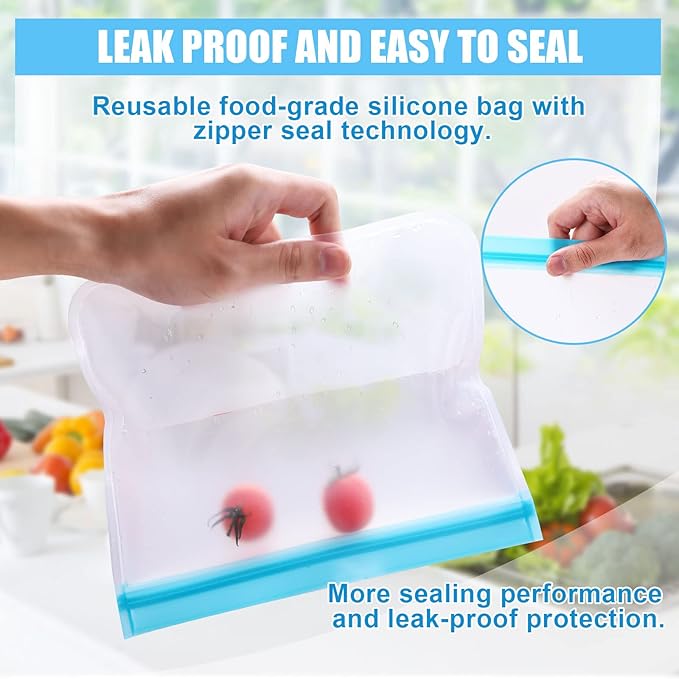 Food Storage Freezer Bags- 24 Pack Leakproof (8 Reusable Gallon Bags + 8 Reusable Sandwich Bags + 8 Reusable Snack Bags) for Meat Fruits and Vegetables.