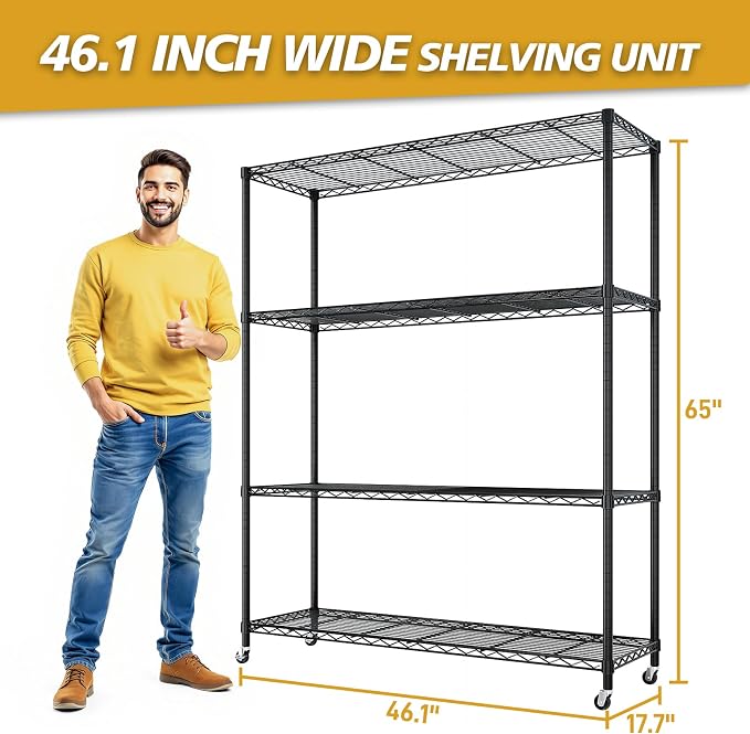 Karl home Black 4-Tier Wire Storage Shelving with 2" Wheels, 800LBS | Heavy Duty 800LBS Capacity Metal Shelving Rack on Rolling Wheels, 64.96"H x 46.06"W x 17.7"D for Garage, Kitchen
