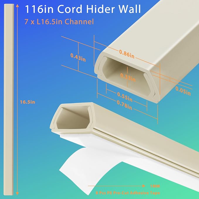 116in Wall Cable Hider Kit, Cord Organizer Hide 1-2 Cords Wall Mounted TV | YCLYC TV Wire Hider for Wall, Paintable Cord Hider Wall, Wire Cover for Wall, Cord Concealer 7X L16in W0.86in H0.43in, Beige