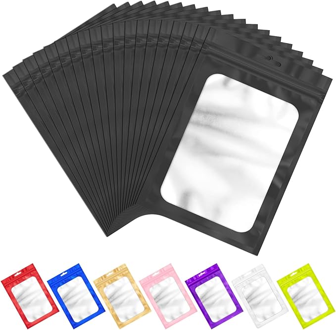 100 PCS Resealable Mylar Bags with Zipper and Frosted Clear Window Smell Proof Packaging Bag Foil Pouch Zipper Bags for Food Self Sealing Storage Supplies (Black, 3.14x5.11)