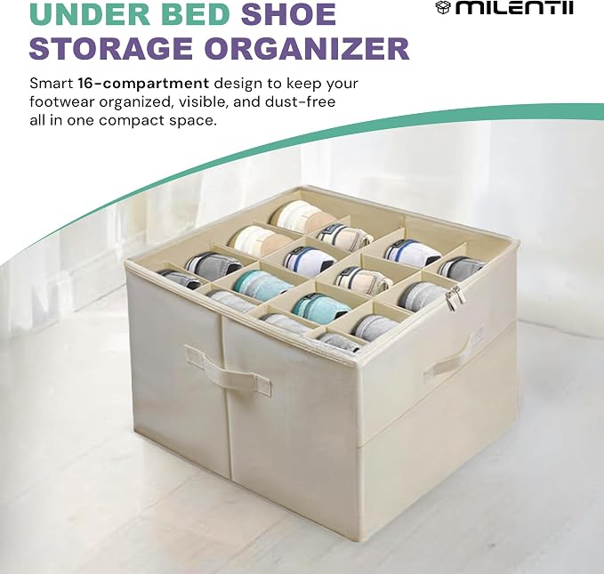 Shoe Organizer for Closet, 16 Compartment Foldable Storage Box with Lids | Milentii 2-Pack Foldable Shoe Organizer with Box Bin, Adjustable Dividers & Clear Cover Closet Storage Fit 16-32 Pairs, White