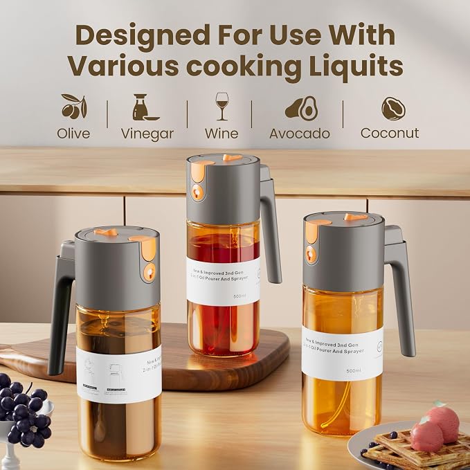 LAKUMIQI 2 in 1 Oil Sprayer & Dispenser, 17 oz Light-Blocking Glass Bottle | Large Capacity, Wide-Mouth for Easy Pouring and Cleaning, Leak-Proof Oil Bottle with Stickers for Salads, Air Fryers, BBQ