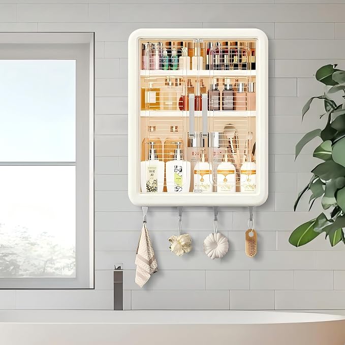 DASITON Wall Mounted Large Capacity Makeup Organizer,Dustproof Cosmetic Organizer,Bathroom Organizers and Storage,Skincare Organizers for Vanity,Bedroom(Cream 01)
