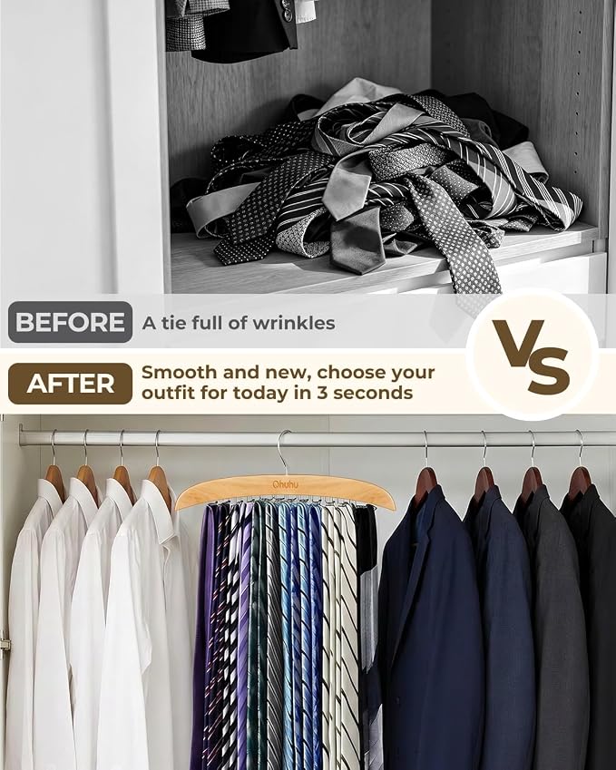 Tie Rack Hanger for Closet: Ohuhu 2 Packs 24 Folding Hooks Tie Hangers for Men Wooden Tie Holder Organizer Space Saving Necktie Storage 360 Degree Rotating Ties Belts Scarves Tank Tops-Burlywood