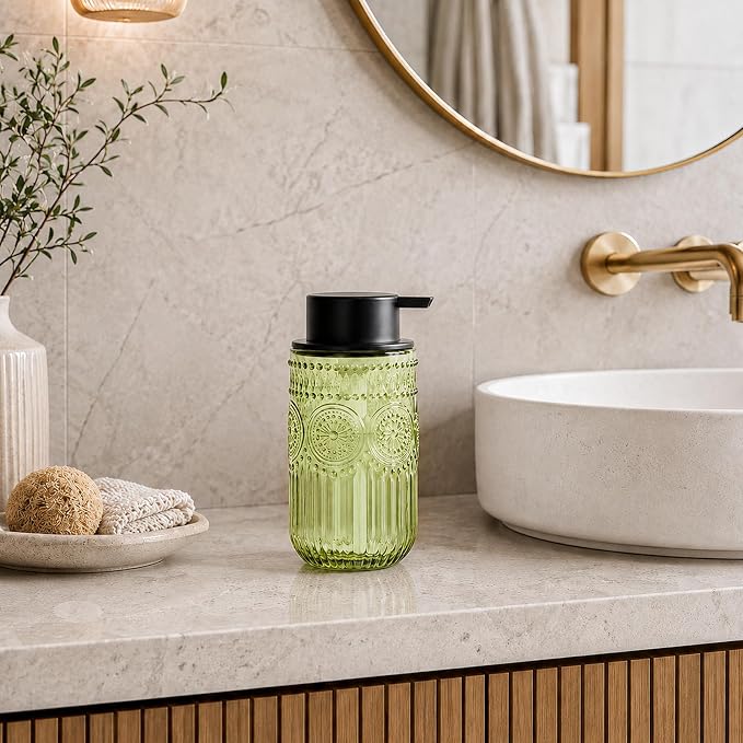 Foam Hand Soap Dispenser Glass, Green Foaming Hand Soap Dispenser | Reusable Foam Soap Dispenser with Black Foam Pump for Bathroom, Kitchen Decor,13.8 oz Large Capacity