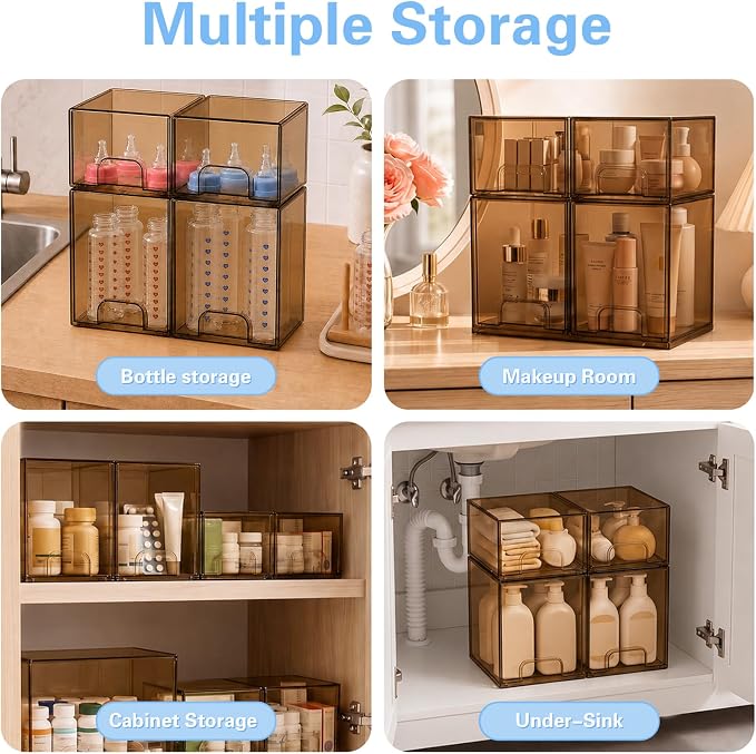 Baby Bottle Organizer, 4 Pack Tea Brown Acrylic Stackable Storage Drawers, Baby Bottle Storage Organizer for Countertop, Nursery, Vanity & Cabinet