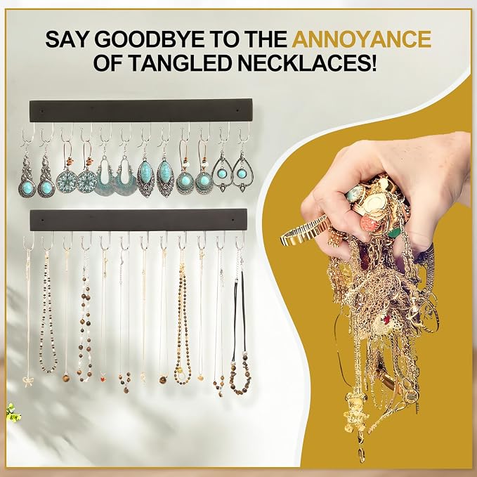 Dntorx Hanging Jewelry Organizer, 2 Pack Necklace Holder for Wall Wooden Necklace Organizer Hangers Wall Mount with 24 Hooks Jewelry Display Hangers for Necklaces, Bracelets, Earrings, Keys