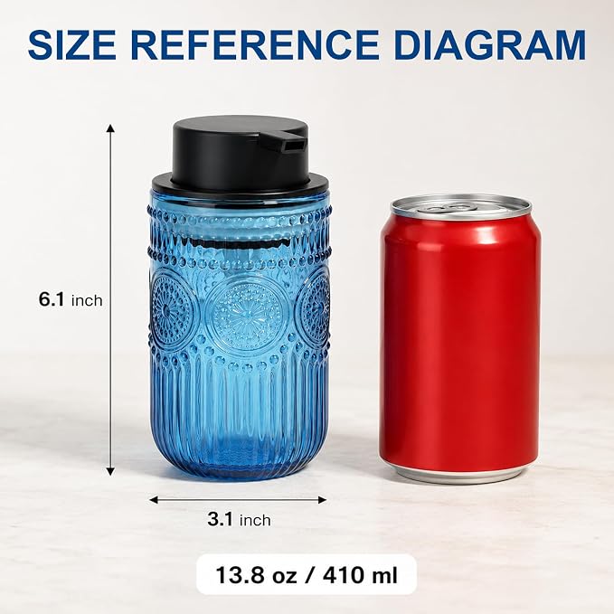 Glass Foaming Hand Soap Dispenser, 13.8 oz Kitchen Dish Soap Dispenser with Black Foam Pump,Blue Foam Soap Dispenser for Bathroom Decor