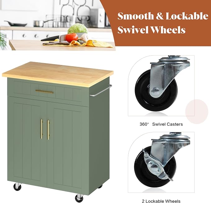 SUNLEI Rolling Kitchen Island Cart with Storage & Drawer – 26" Portable Kitchen Cart with Lockable Wheels, Towel Rack & Open Shelves for Kitchen, Dining Room, Living Room(Green)
