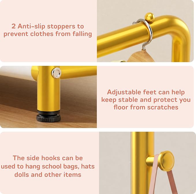 Kids Clothing Rack with Storage Shelf, Kids Dress Up Storage for Coats, Small Baby Garment Rack for Hanging Clothes, Toddler Wardrobe Closet Organizer (Gold, Classic)