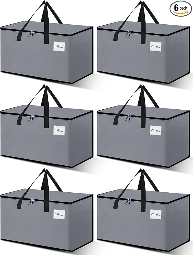 NATURELUX Heavy Duty Moving Bags - Extra Large Packing Bags and Storage Totes, Collapsible and Foldable Option for Moving and Storage, Grey, 93 L - 6 Pack