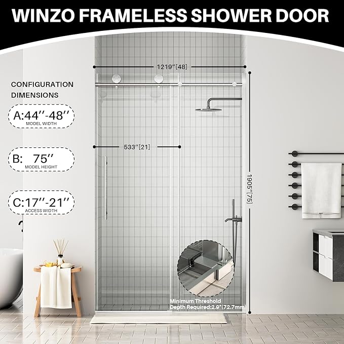 WinZo Frameless Shower Door 44-48 in W x 75 in H, Sliding Shower Door with 5/16"(8mm) Clear Tempered Glass Shower Door, Easy to Clean Bathroom, Silent Soft-Close Design, Brushed Nickel