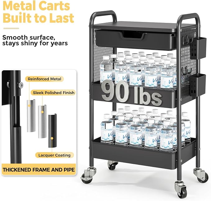 3 Tier Metal Rolling Utility Cart with Drawer & Pegboard - Multifunctional Storage Cart on Wheels with Tabletop, Hooks & Basket, Sturdy Craft & Art Cart for Bathroom, Bedroom, Children Room, Black