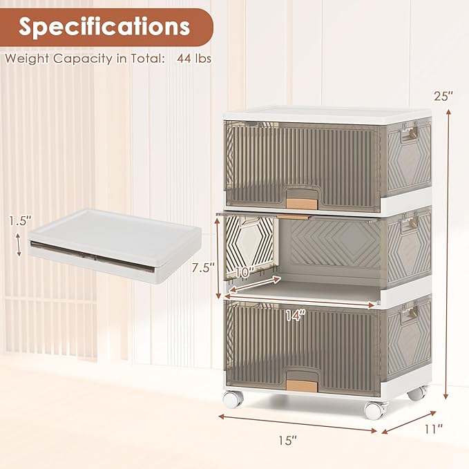 Giantex 3 Tier Stackable Storage Bins with Lids, 13.5 Gal Foldable Shoe Storage Box with Detachable Wheels & Flip-Up Doors, Collapsible Closet Organizers and Storage Bins