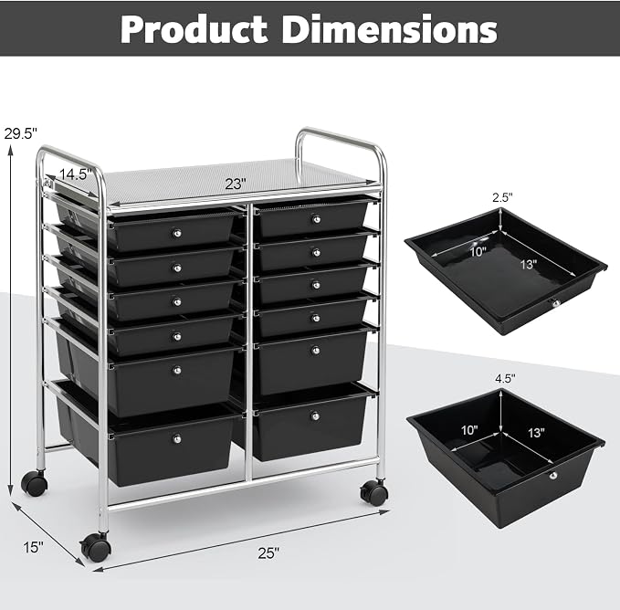 DREAMADE Rolling Cart with Storage Drawers, Utility Cart with Removable Plastic Drawers, Lockable Wheels, Art Cart for Classroom Organization Art Supplies Office Scrapbook (12 Drawers, Black)