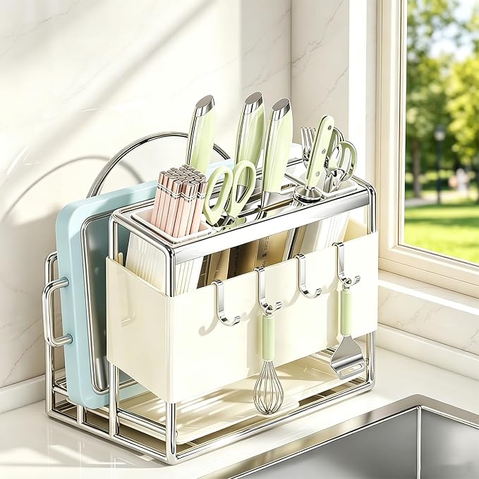 Multifunctional Cutting Board Organizer Large Capacity Knife Holder | Knife Drying Rack Kitchen Countertop Pot Lids Organizer, Knife Block Holder with Drain Tray Utensil Holders Storage Stand