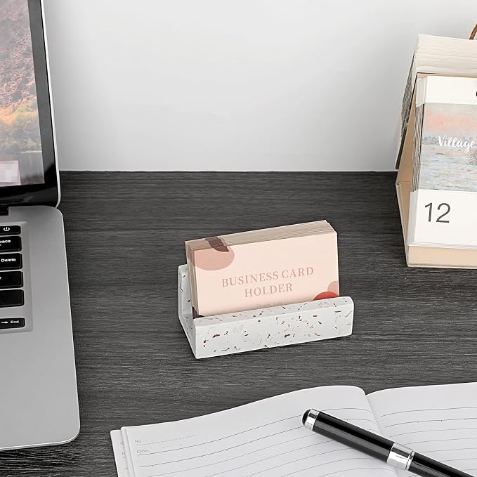 Hipiwe Business Card Holder for Desk Terrazzo Business Card Display Stand | Desktop Cards Display Stand for Women Men Concrete Business Card Stand Organizer for Office