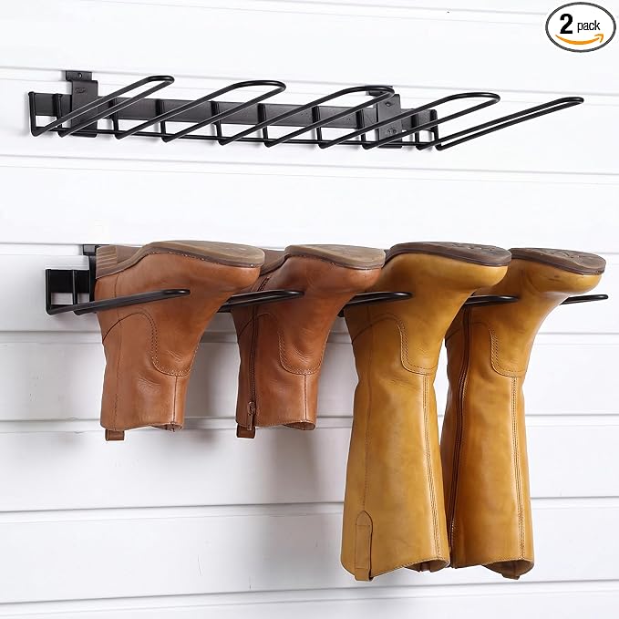 Hicarer 2 Pack Slatwall Boot Rack, Metal Wire Wall Mounted Wader Shoe Hangers - No Drilling, 4 Pair Shoe Holder Organizer for Drying Storing Tall Boots and Cowboy Boot for Entryway, Garage