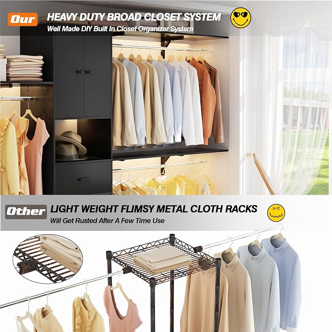 120 Inches Closet System With Doors, 10FT Walk In Closet Organizer with 3 Shelving Towers, Heavy Duty Clothes Rack with 3 Drawers, Built-In Garment Rack, Max Load 1300 LBS, Black