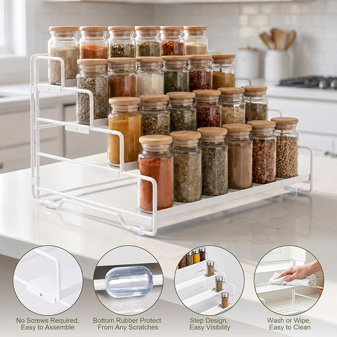 4-Tier Spice Rack Organizer for Cabinet, Adjustable Tiered Seasoning Holder, Metal Spice Shelf Organization for Kitchen, Countertop Cupboard Pantry, Space Saving Storage Shelf, Stepped Display Riser