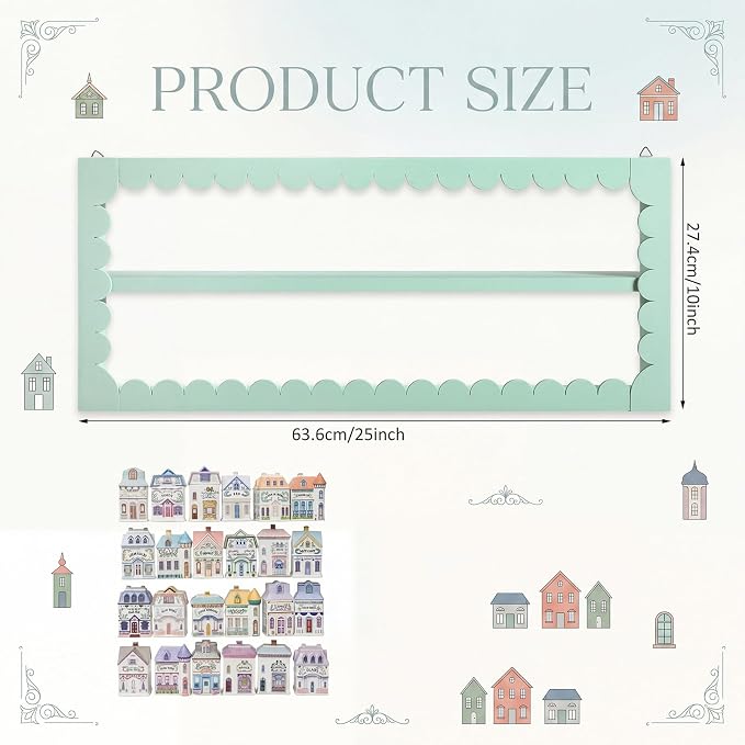 Chunful Vintage Spice Jar Wooden Rack Green Scalloped Aesthetic Spice Shelf for 24 Jars, Village Style Wall Mounting Kitchen Storage Decorative Hanging Display Rack, Shelf Only