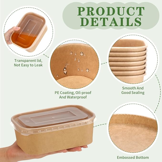 Maxdot 50 Pack 25 oz Disposable Food Containers with Lids Paper Food Containers Bowls for Meal Prep, Salad, Ice Cream, Yogurt, Soup Bowls Party Leftover Box