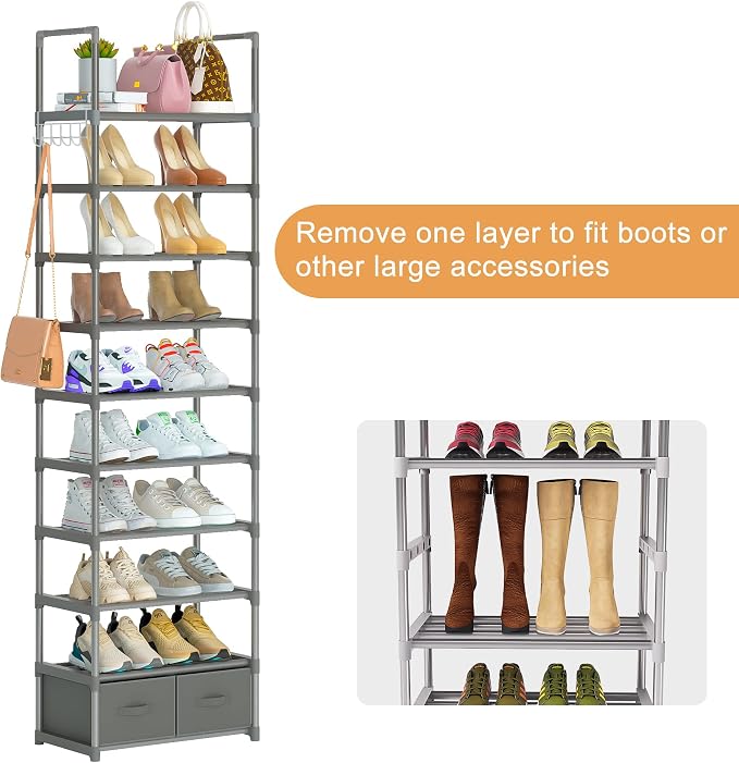 OYREL Shoe Rack Sturdy Metal 10 Tier Shoes Rack Organizer + 2Boxes 1Hook | Narrow Space Saving Shoe Storage Shelf for Closets, Tall Shoe Stand for Entryway, Living Room