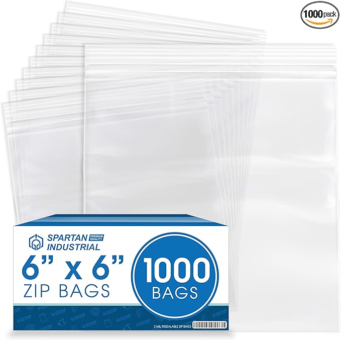 Spartan Industrial - 6” X 6” (1000 Count) 2 Mil Clear Reclosable Zip Plastic Poly Bags with Resealable Lock Seal Zipper