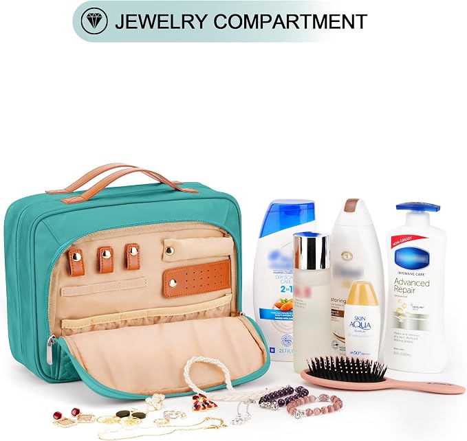 Travel Hanging Toiletry Bag for Women, with Jewelry Organizer Compartment, Medium Waterproof Hanging Makeup Accessories, Cosmetic Essentials, Toiletries Dopp Kit Set with Trolley Belt, Blue