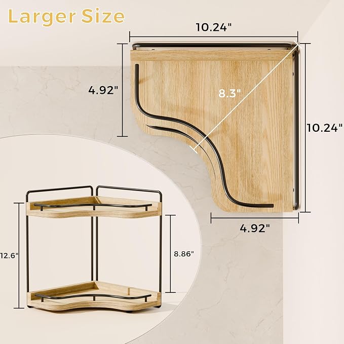 2-Tier Corner Bathroom Counter Organizer for Storage, Light Brown | Larger Size, Solid Wood, Embedded Screw Holes, sink and Vanity Countertop Organizer for Perfume, Skincare & Makeup Storage