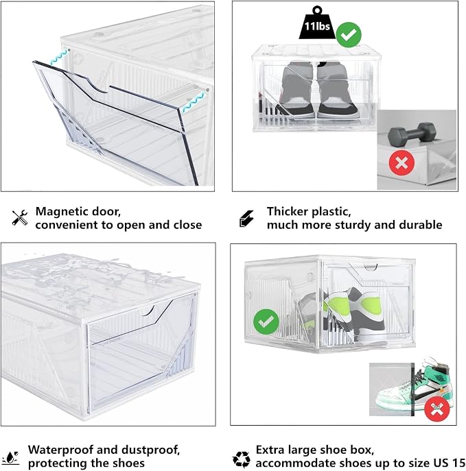 AWTATOS Shoe Storage Boxes, Fit up to US Size 15, 6 Pack | Stackable Shoe Organizer, Thickened Shoe Container with Magnetic Door, Shoe Rack for Entryway, Closet, Under Bed, Clear
