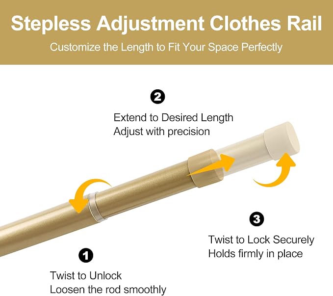 Adjustable Closet Rod for Hanging Clothes, 17-54inch Heavy Duty Metal tension clothes rod，1.3Inches Closet Pole with Hardware Kit for Closet Organization Laundry Room RV, Gold