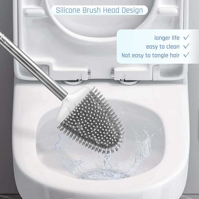 Sellemer Silicone Toilet Brush, Ventilation Slots Base Holder 3 Pack, White | Flexible Bristles Flat Head for Rim, Hair Tangle-Free, Easy to Clean, Compact Design, Rustproof Handle, for Toilet/Sink/Tub