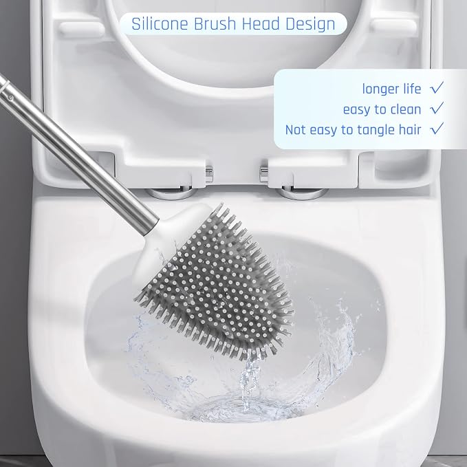 Sellemer Silicone Toilet Brush, Ventilation Slots Base Holder 4 Pack, White | Flexible Bristles Flat Head for Rim, Hair Tangle-Free, Easy to Clean, Compact Design, Rustproof Handle, for Toilet/Sink/Tub