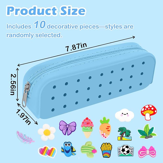 BestStone Silicone Small Pencil Pouch – Small Pencil Case with DIY Holes and 10 Decorative Charms, Multipurpose Makeup Bag or Stationery Organizer, Large Capacity(Blue)