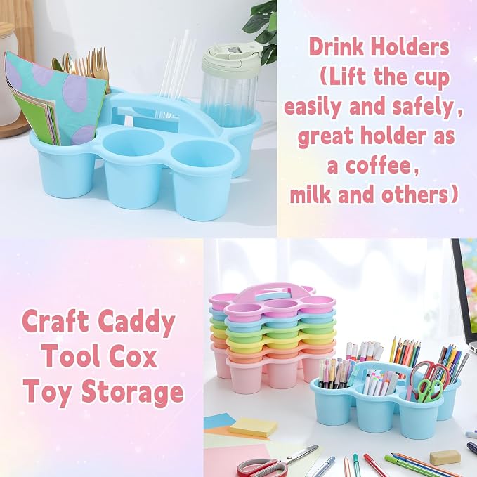 6 Pack Classroom Caddy Organizer with Handle Pastel Plastic Table Caddy Drink Cup Caddies Holder 12x9x3.5 Inches Storage School Supplies 6 Compartments for Table Crayon Pencil Cup Marker Craft