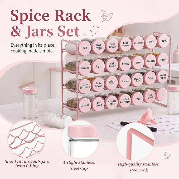 FoldTier Spice Rack Organizer with 28 Spice Glass Jars, 56 Labels, Funnel and Marker Set, Complete Countertop Seasoning Rack Organization for Cabinet, Kitchen Storage, Pantry, Cupboard (Pink)