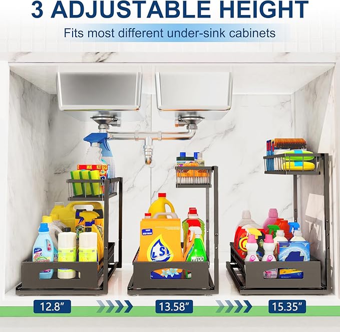 Under Sink Organizer, 2 Pack Height-Adjustable Cabinet Organizer with Slide-Out Bottom Drawer, Fits Around Pipes, Heavy-Duty Metal Storage for Kitchen and Bathroom, Black (Black, 2 Pack)