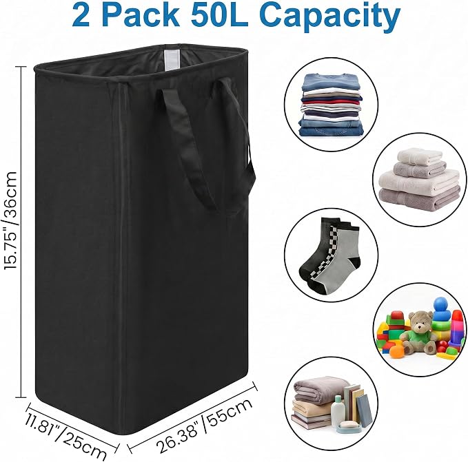 efluky 2 Pack Slim Laundry Basket with Lid, Narrow Laundry Hamper with Handles, Collapsible Dirty Clothes Hamper, Tall Laundry Bin for Laundry Room, Dorm and Bedroom, 50L Black