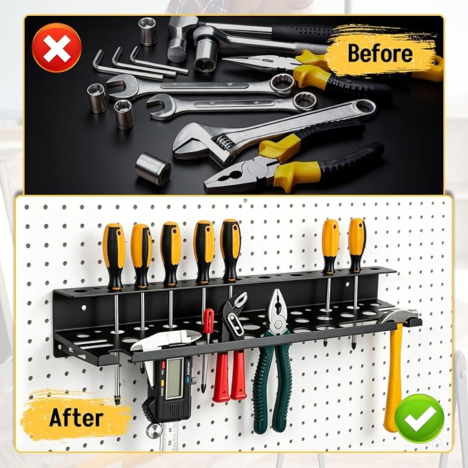 Metal Screwdriver Organizer, 15.75inch Utility Wall Mount Tool Organizer for Screwdrivers Pliers Holder with 35 Holes, Hand Tool Storage Rack for Workbench, Garage, Warehouse (Black, 2 Layers)